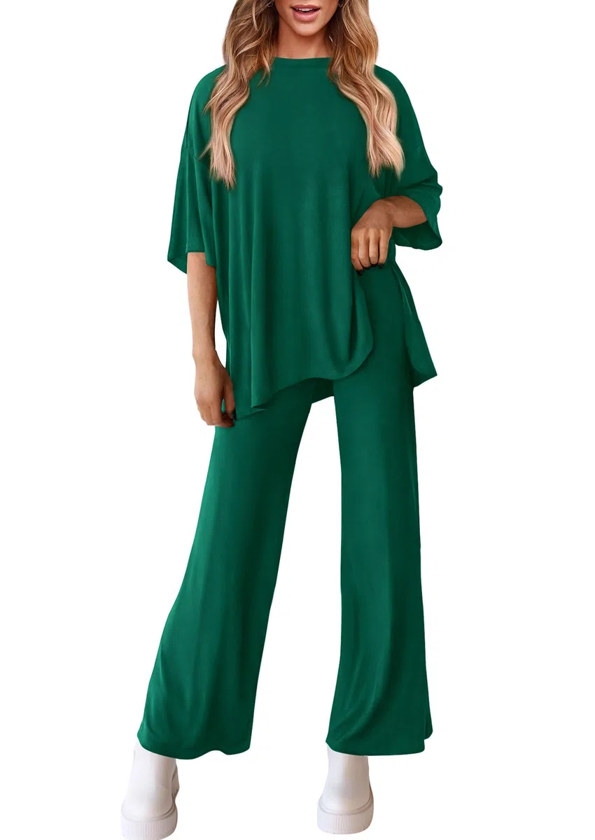 2 Pezzi Donna Costumi Casual Maniche Corte Pullover Tops E Pantaloni A Gamba Larga Set Salone Tute Sportive