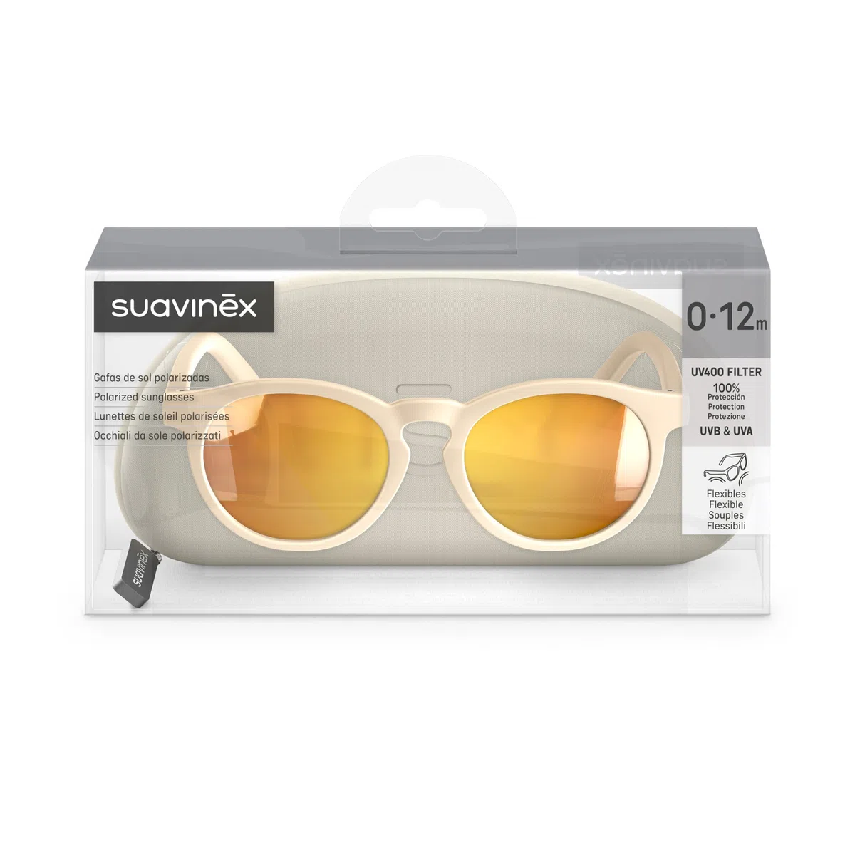 Suavinex, Occhiali da sole per neonati da 0 a 12 mesi, polarizzati, con filtro UV 400, Cat. 3, 100% Protezione dai raggi UVA e UVB, Custodia Inclusa, Flessibili e Leggere, Forma Rotonda, Colore Beige