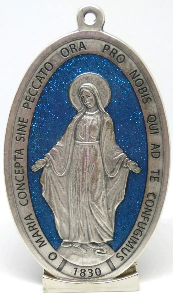 GTBITALY 60.879.31 GLILATSU MEDAGLIA Madre Maria MIRACOLOSA con Base E Scritta in Latino Argento con Brillantini Glitter Blu 11,5 CM