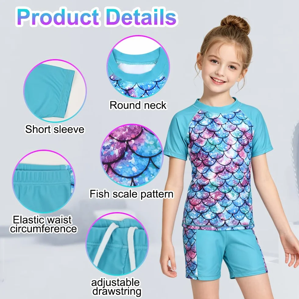 Ragazze Sunwear, 2 Pezzi Costume da Bagno Ragazze Sirena Manica CorteCostume con Maglietta e Pantaloncini, Anti- Rash Guard UV UPF 50+ per Bambina 5-10 Anni