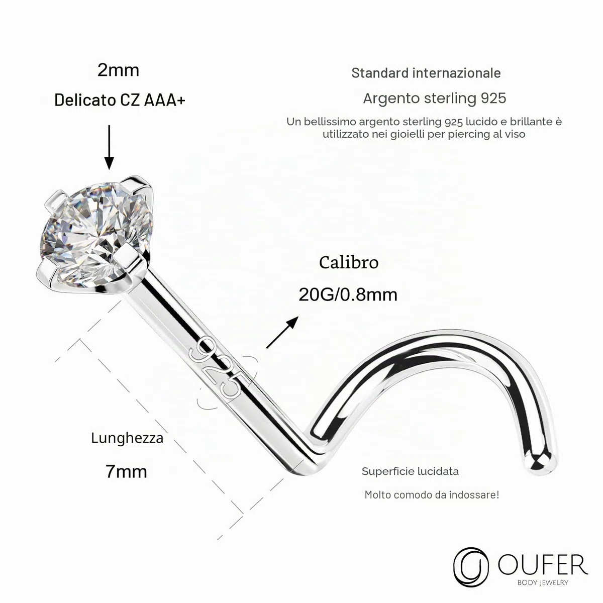OUFER 20G 0.8mm Piercing Naso Anello Argento 925 Silver L Form Nose Ring Studs Nostril Earring Solid 2mm CZ Cartilagine Orecchino Helix Gioielli Donna