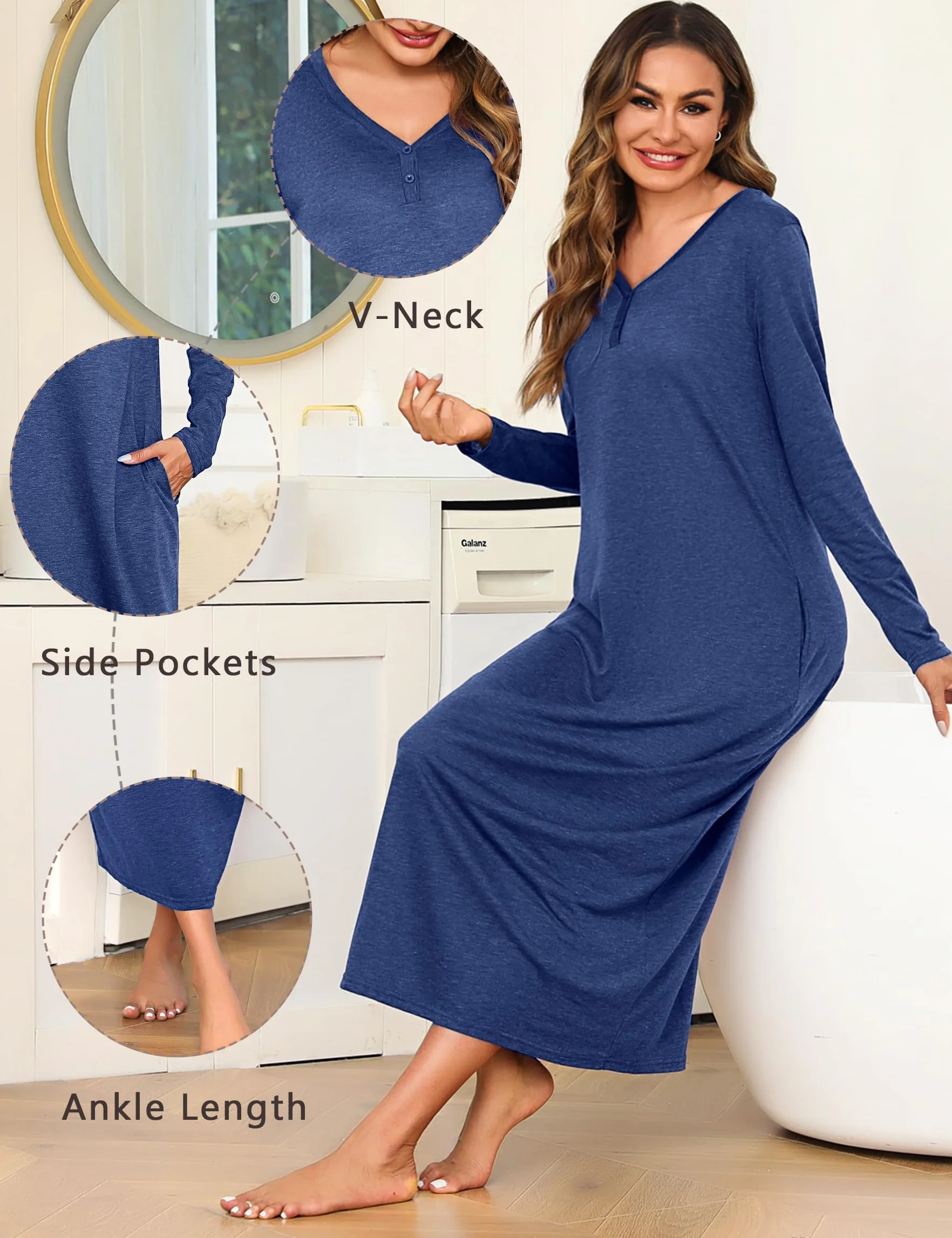 Camicia da Notte Donna Manica Lunga Camice da Notte Cotone Vestito da Notte Invernale con Tasche Pigiama Tinta Unita S-XXL