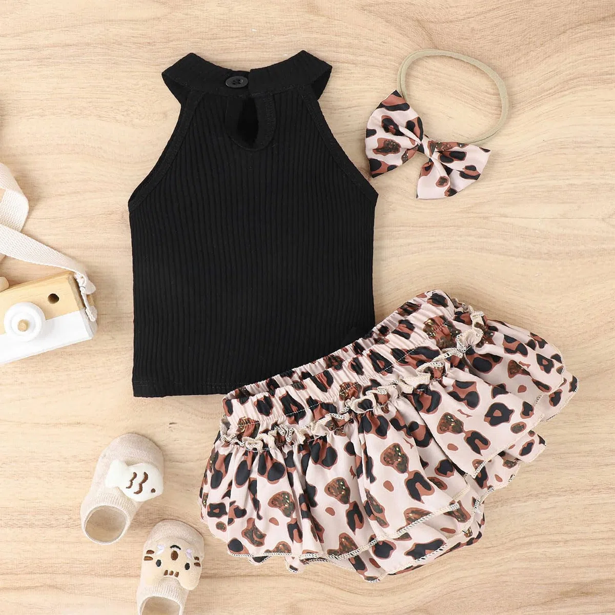 Abbigliamento Neonate, Top Senza Maniche + Pantaloncini con Stampa Leopardata e Orlo Arricciato + Fascia Capelli, Tutina Neonato Vestiti Estivi Bambina, Nero 3-24 Mesi