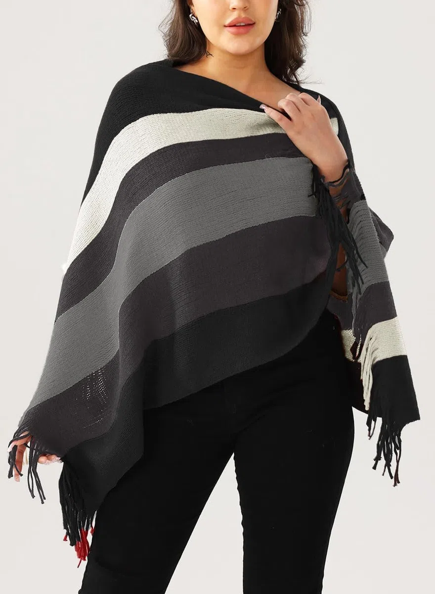 Rayson Poncho Donna Invernale Maglia Caldo Elegante con Frange Righe Scialle Mantella Donna Grande Cappotto Mantello senza Maniche