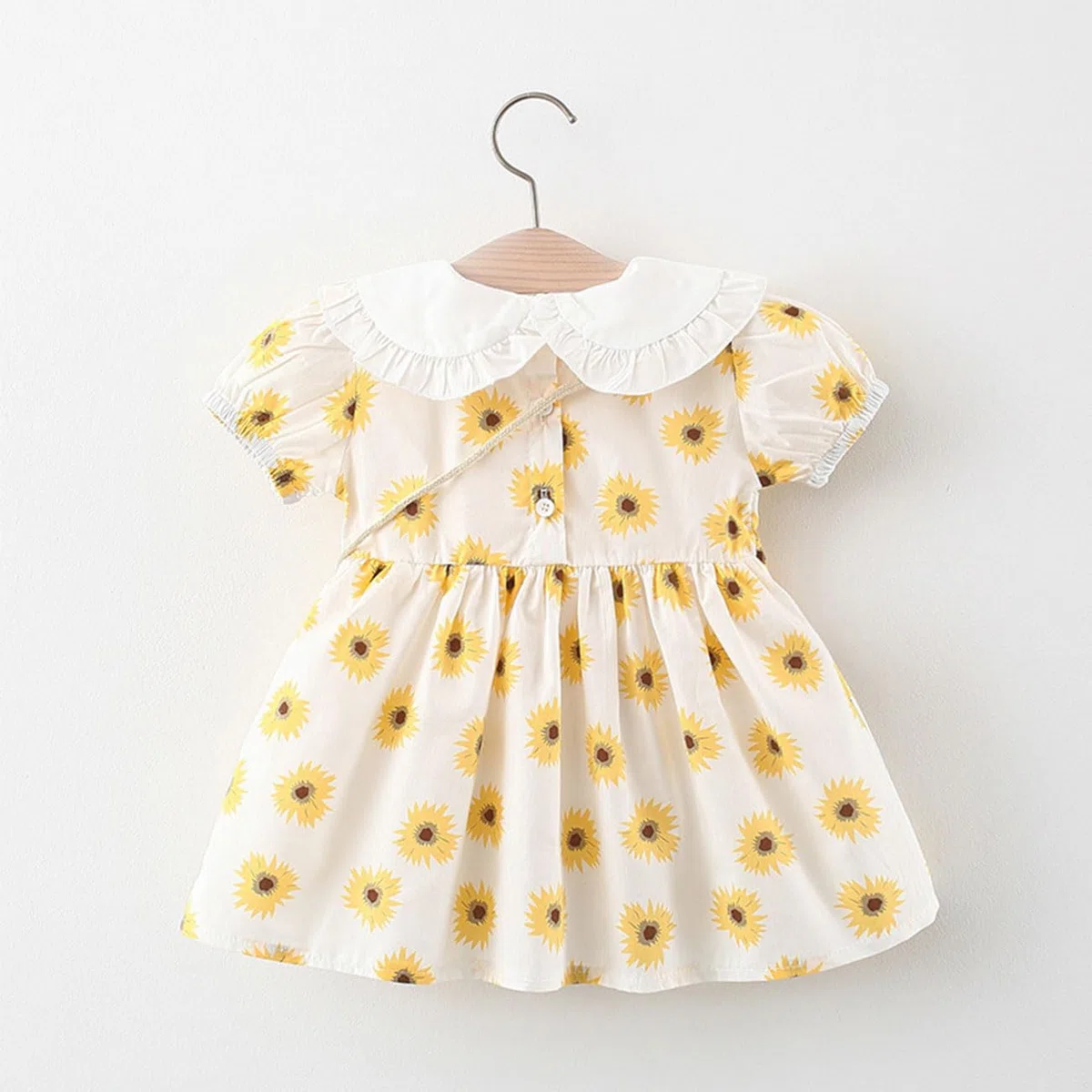 Abito Estivo da Principessa con Girasoli per Bambina, Abito a Trapezio con Maniche Corte, Bottoni e Stampa Floreale con Colletto a Barchetta + Borsa con Girasoli per 6 Mesi ai 5 Anni, Giallo
