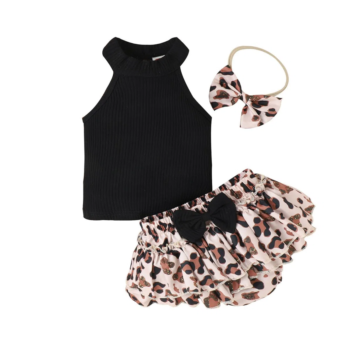 Abbigliamento Neonate, Top Senza Maniche + Pantaloncini con Stampa Leopardata e Orlo Arricciato + Fascia Capelli, Tutina Neonato Vestiti Estivi Bambina, Nero 3-24 Mesi