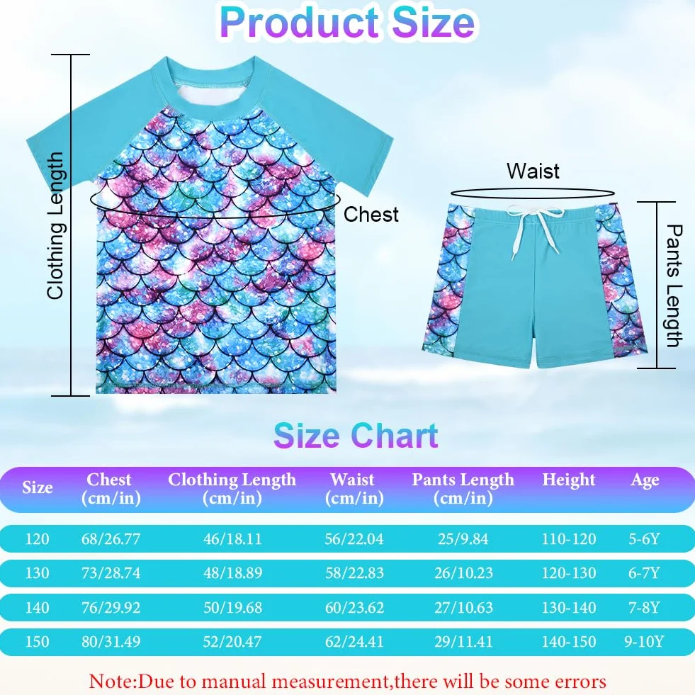 Ragazze Sunwear, 2 Pezzi Costume da Bagno Ragazze Sirena Manica CorteCostume con Maglietta e Pantaloncini, Anti- Rash Guard UV UPF 50+ per Bambina 5-10 Anni
