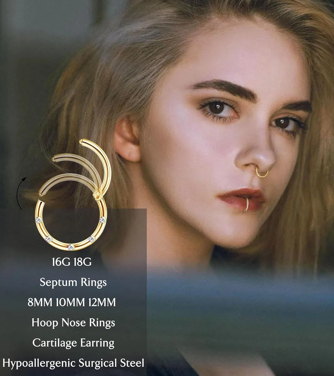 ADRAMATA 6 PCS 16G 18G Septum Piercing per Donna Uomo - Acciaio Chirurgico Naso Helix Daith Cartilagine Orecchini Labbra Anelli Nostril Set