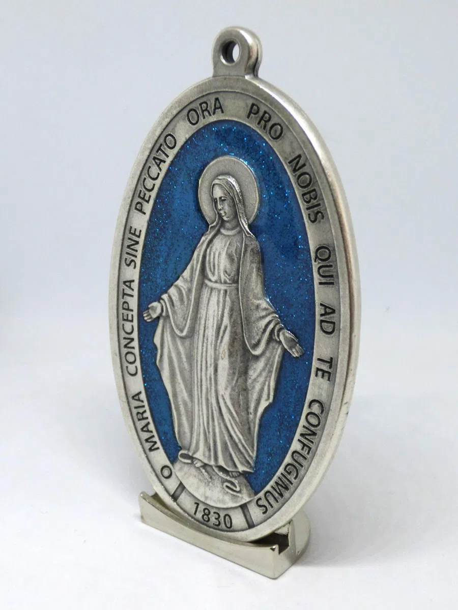 GTBITALY 60.879.31 GLILATSU MEDAGLIA Madre Maria MIRACOLOSA con Base E Scritta in Latino Argento con Brillantini Glitter Blu 11,5 CM