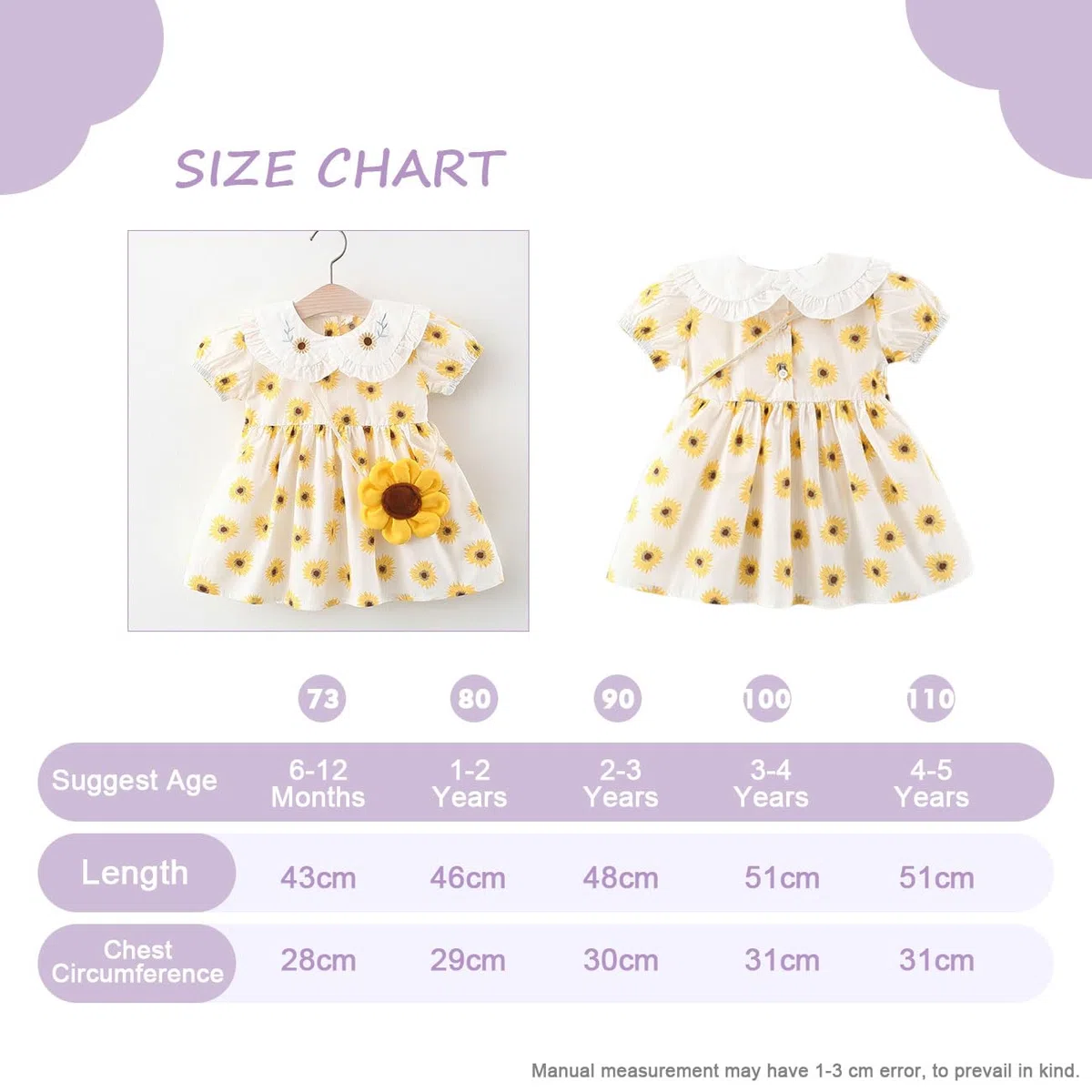 Abito Estivo da Principessa con Girasoli per Bambina, Abito a Trapezio con Maniche Corte, Bottoni e Stampa Floreale con Colletto a Barchetta + Borsa con Girasoli per 6 Mesi ai 5 Anni, Giallo