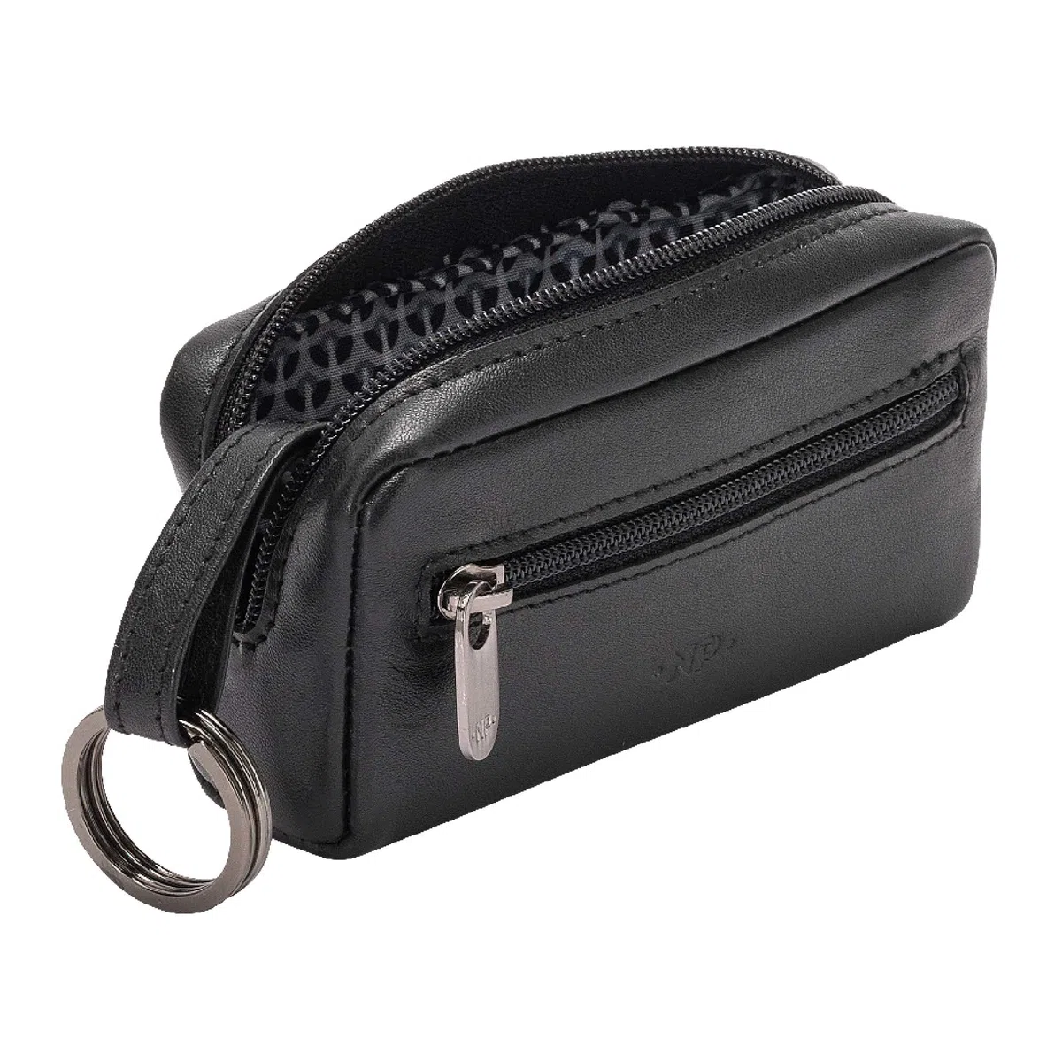 Portachiavi Uomo Donna in Vera Pelle Borsa Astuccio con Cerniera Zip a 2 Anelli Nero