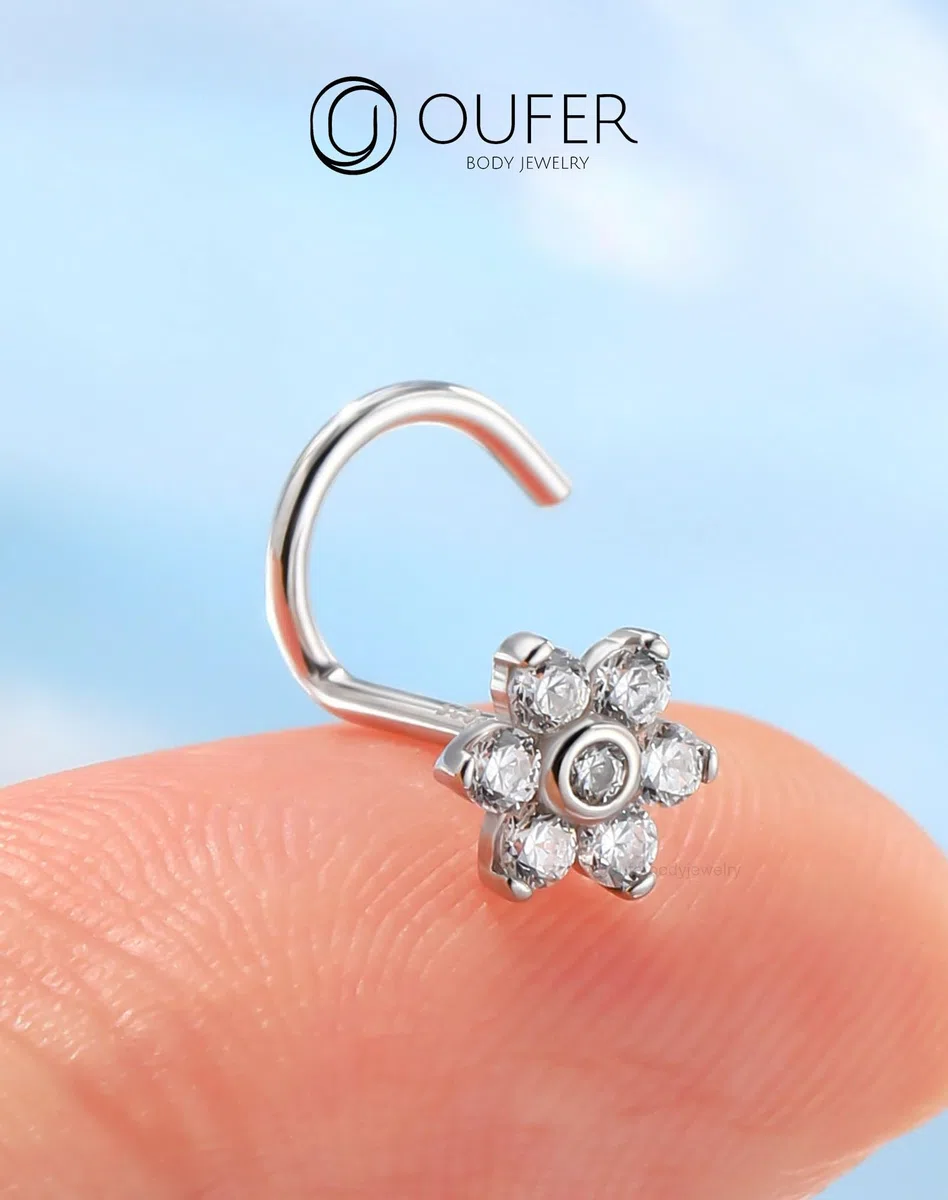OUFER 20G Piercing Naso Donna Anellino Argento 925 S Fiore Piercing Naso Nostril Transparent CZ Nose Ring 7mm Gioielli Per Il Corpo Per Le Donne