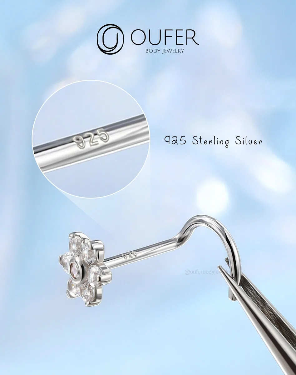 OUFER 20G Piercing Naso Donna Anellino Argento 925 S Fiore Piercing Naso Nostril Transparent CZ Nose Ring 7mm Gioielli Per Il Corpo Per Le Donne