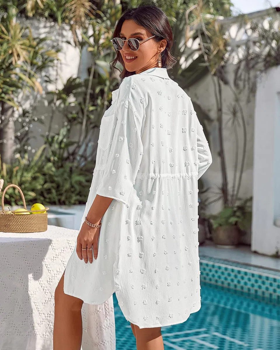Rayson Copricostume Donna Mare Camicetta Scollo a V Elegante Cover Up Lungo Vestito Colletto in Piedi Bikini Cover Up Coprire Button Down Camicia Abito Spiaggia Coprire con Coulisse