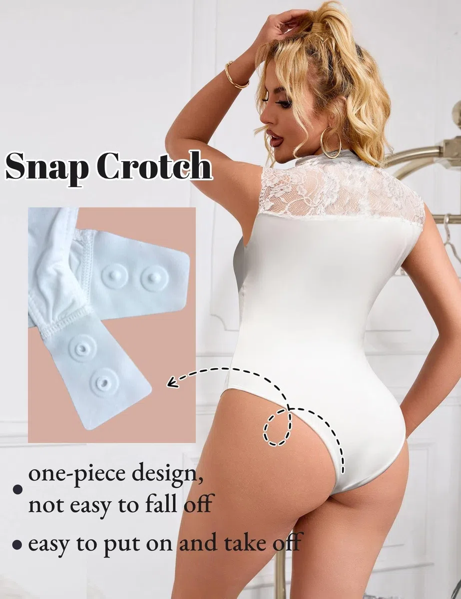 comeondear Body Donna Elegante Bodysuit Pizzo Intimo Estivo Top Senza Maniche Jumpsuits con Bottoni Lingerie Taglie Forti a Pressione Nero Bianco Teddy Tuta Sottogiacca Femminile
