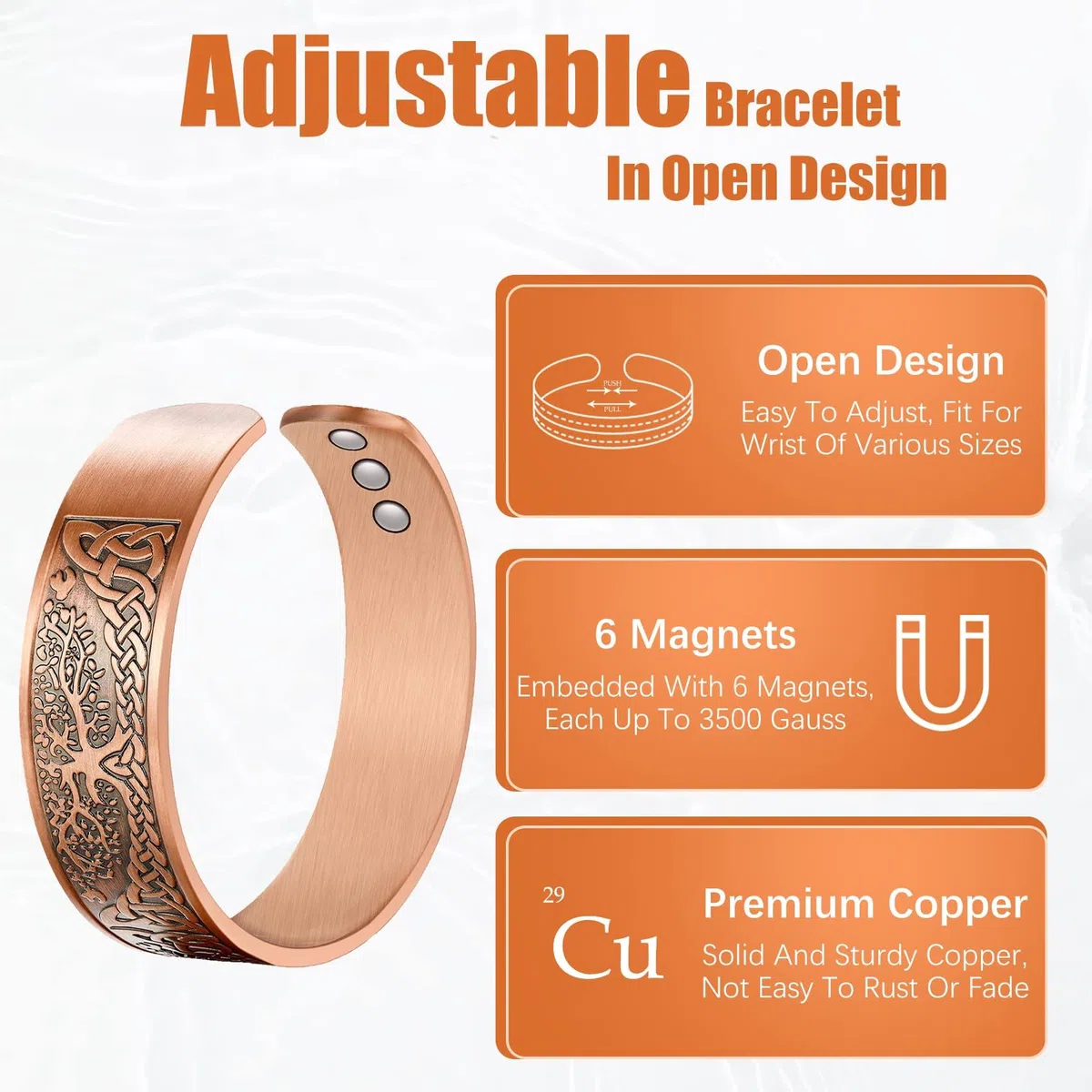 Jeracol Brazaletes - Braccialetti magnetici in rame, unisex, 100% rame massiccio, con potenti magneti (3500 Gauss) ciascuno, con confezione regalo Ajsust Tool&Jewelry