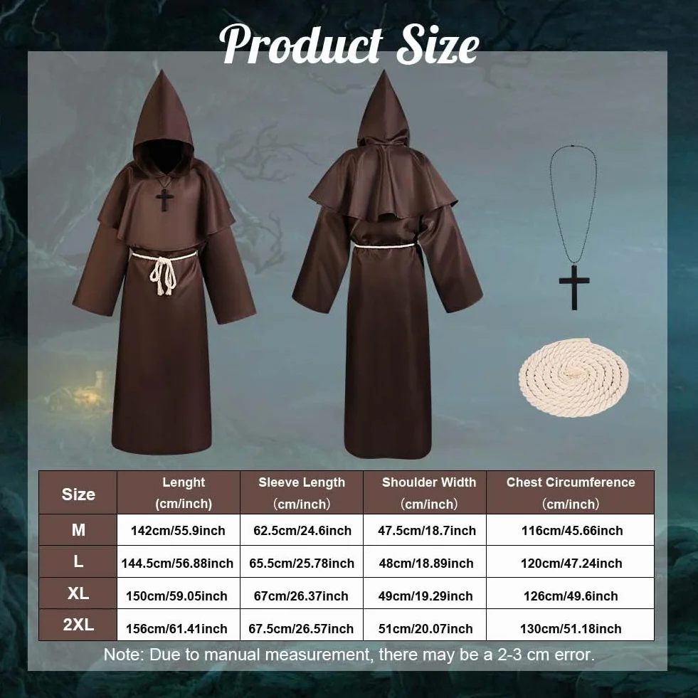 Aomig Costume da Monaco, Monaco Sacerdote Accappatoio Frate Medieval Rinascimentale, Cosplay Costume Robe Adulto Mantello, Abito da Mago Costume da Prete con Collana a Croce per Halloween Carnevale