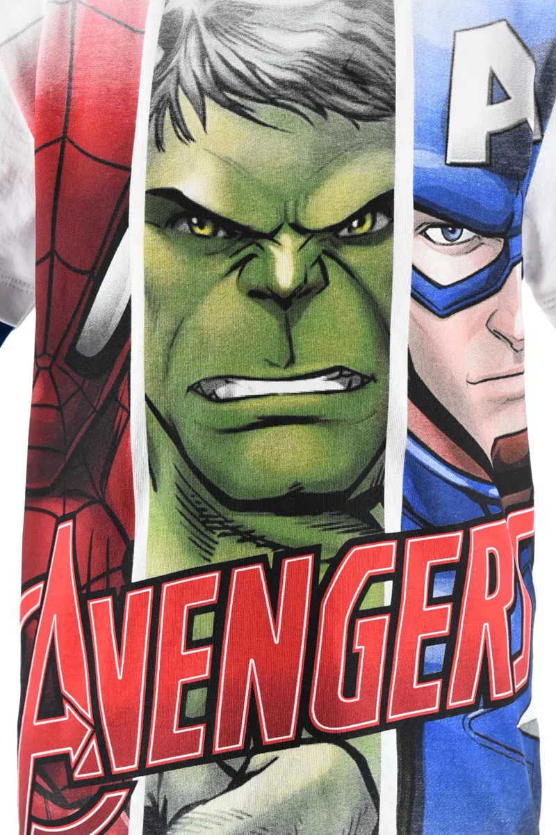 Marvel Avengers Pigiama Estivo 2 Pezzi per Bambini e Ragazzi, T-Shirt Bianca con Hulk, Spider-Man e Captain America, Shorts Blu