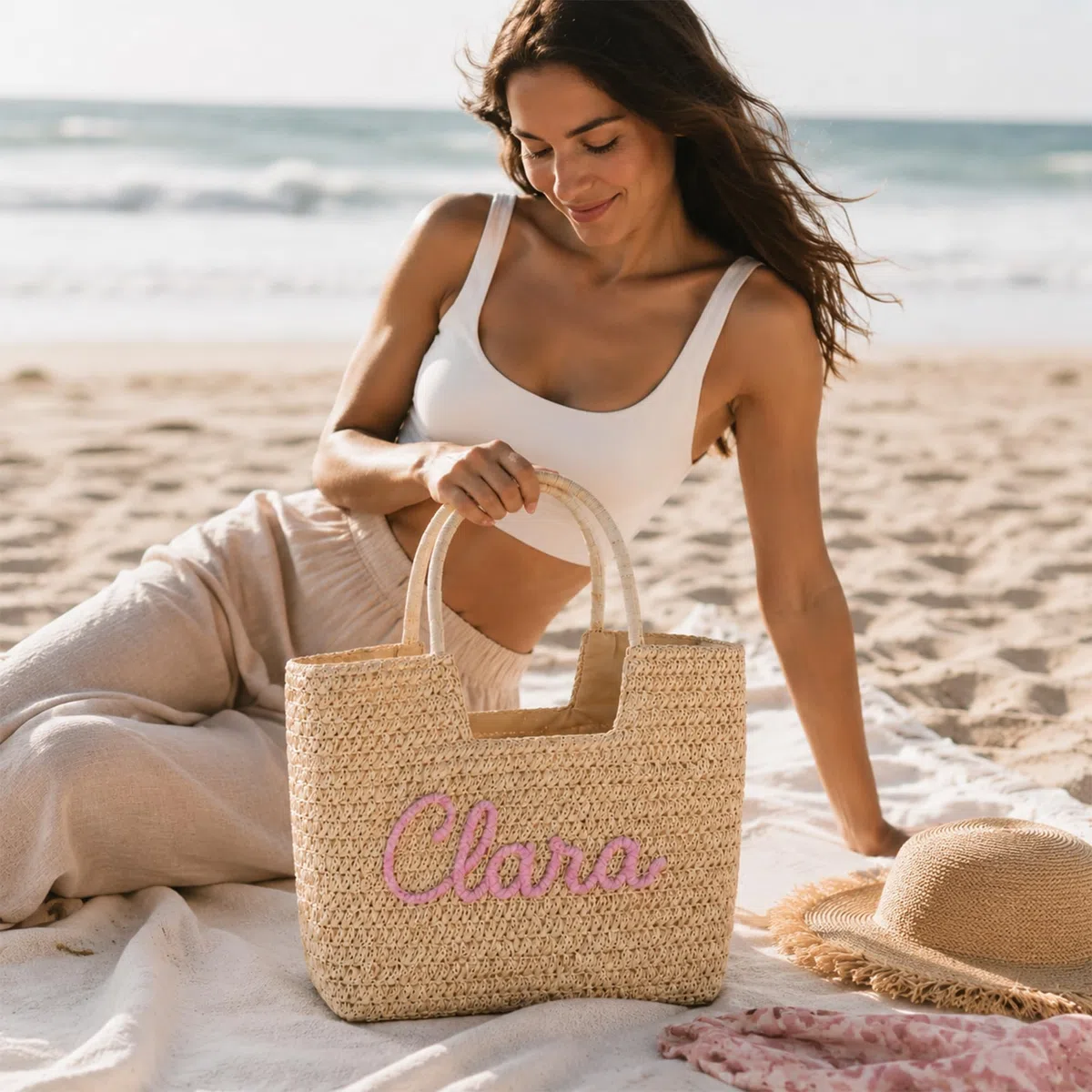 Borsa Tote in Paglia Personalizzata Ricamo Nome, Borsa a Spalla Estiva Rafia Uncinetto Artigianale, Borsa Shopping Boho con Scritta Personalizzabile, Regalo Compleanno Donna Mamma Amica