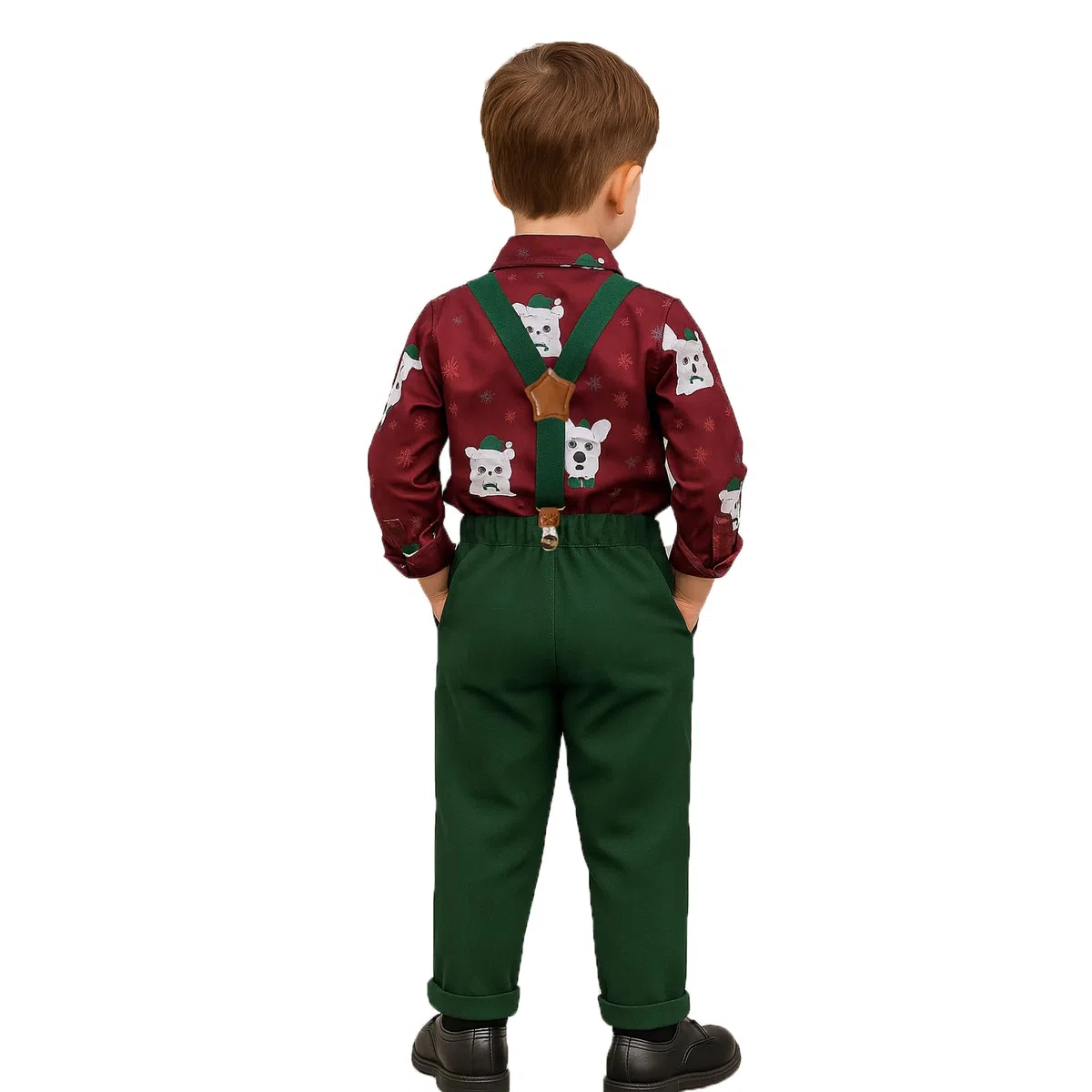 Set Bambino Ragazzo Camicia di Natale Costume da Gentiluomo Abbigliamento Bambini Camicia a Maniche Lunghe e Pantaloni con Spalline Fiocco a Farfalla