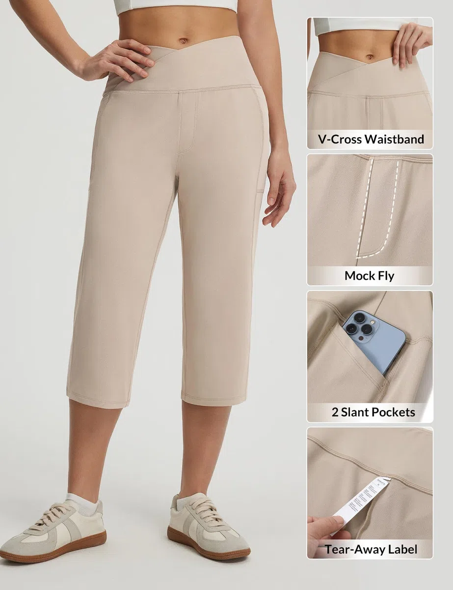 baleaf Pantaloni Capri da donna con tasche, 45,7 cm, pantaloni da yoga con incrocio a V, cintura incrociata, leggings estivi a gamba dritta
