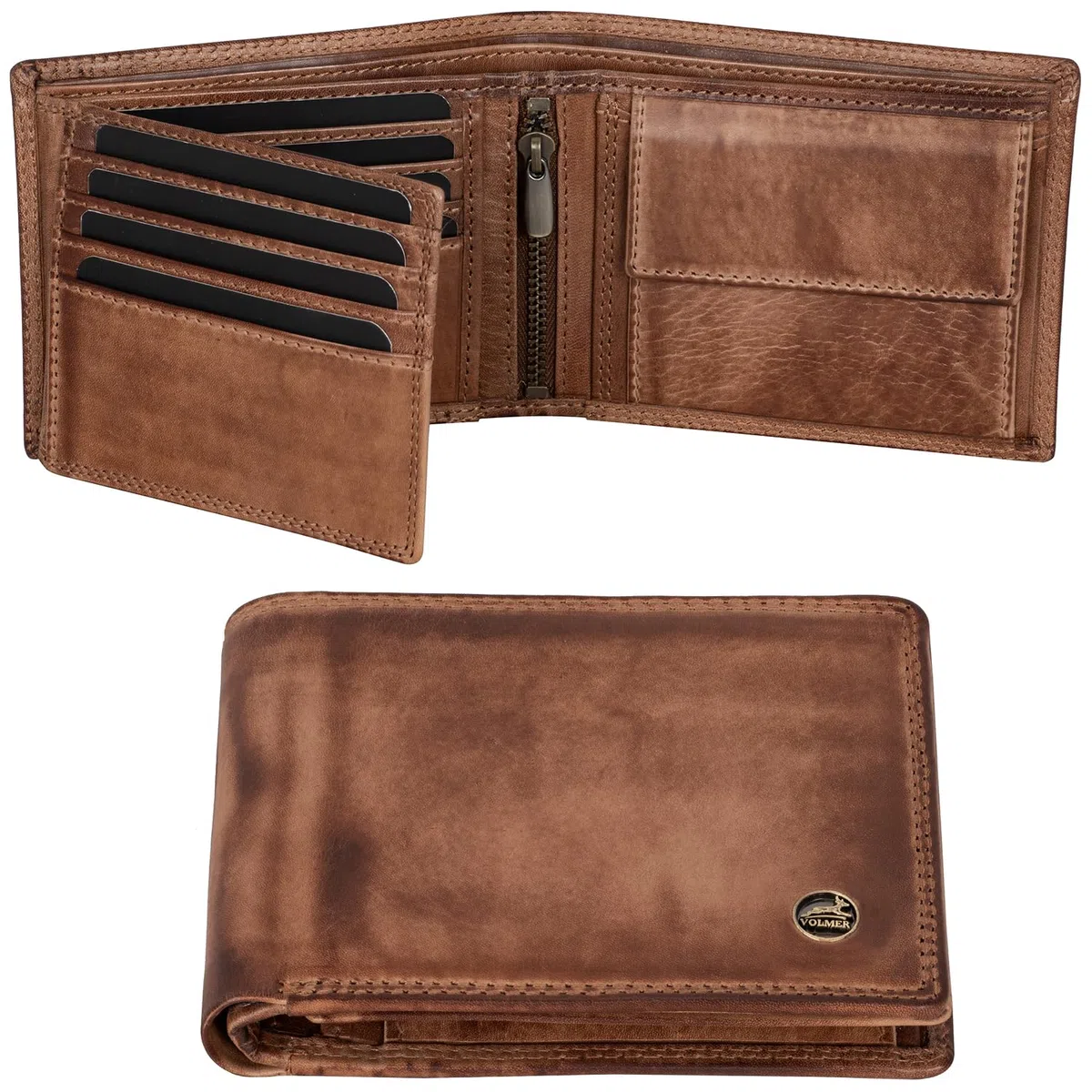 Fa.Volmer portafoglio in pelle da uomo con protezione RFID - doppia cucitura extra resistente, schlanke Brieftasche, Classico