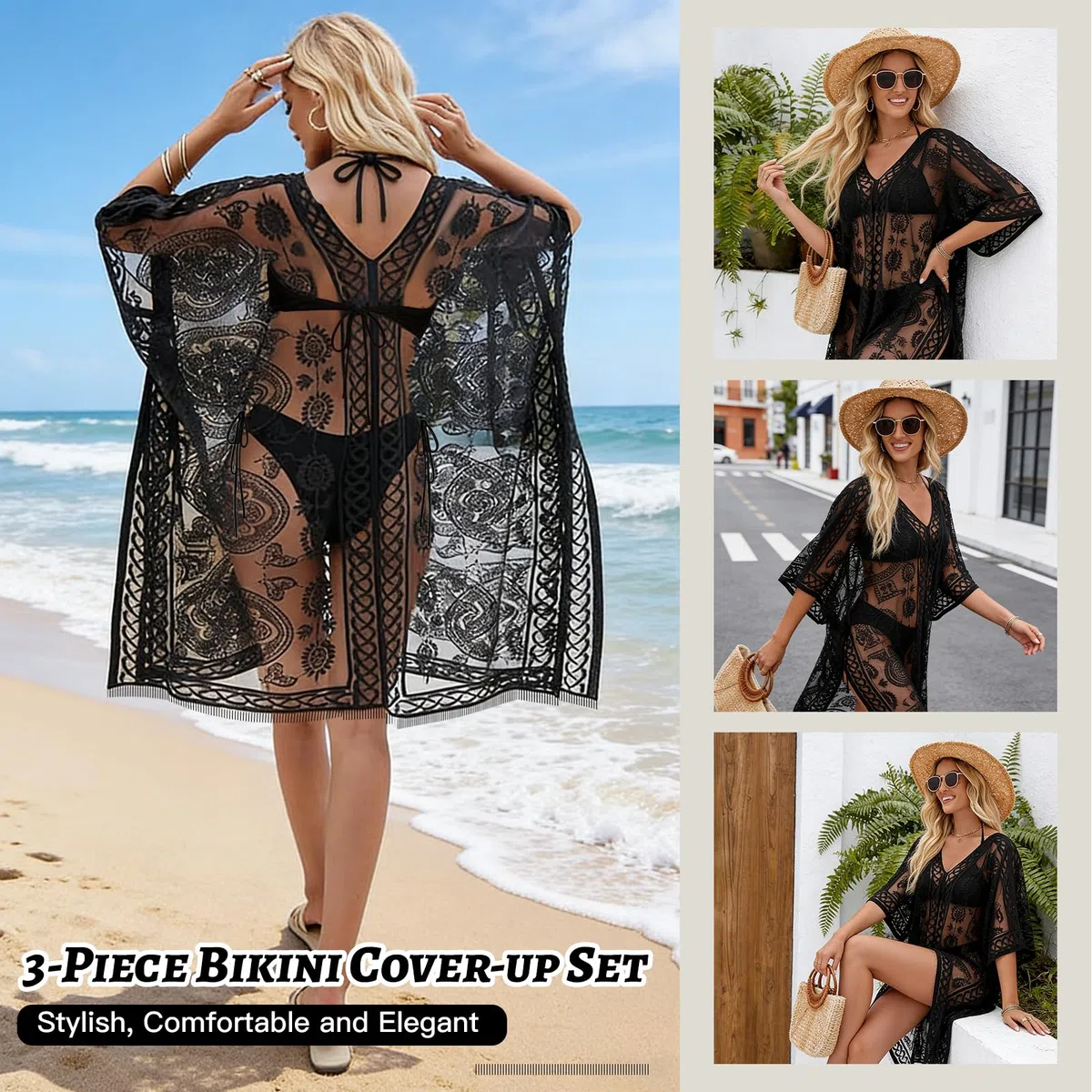 Bikini E Copricostume da Donna Mare, Bikini Donna Mare, Costume Donna Due Pezzi, Bikini Sexy con Lacci E Lungo Copricostume in Pizzo per La Spiaggia