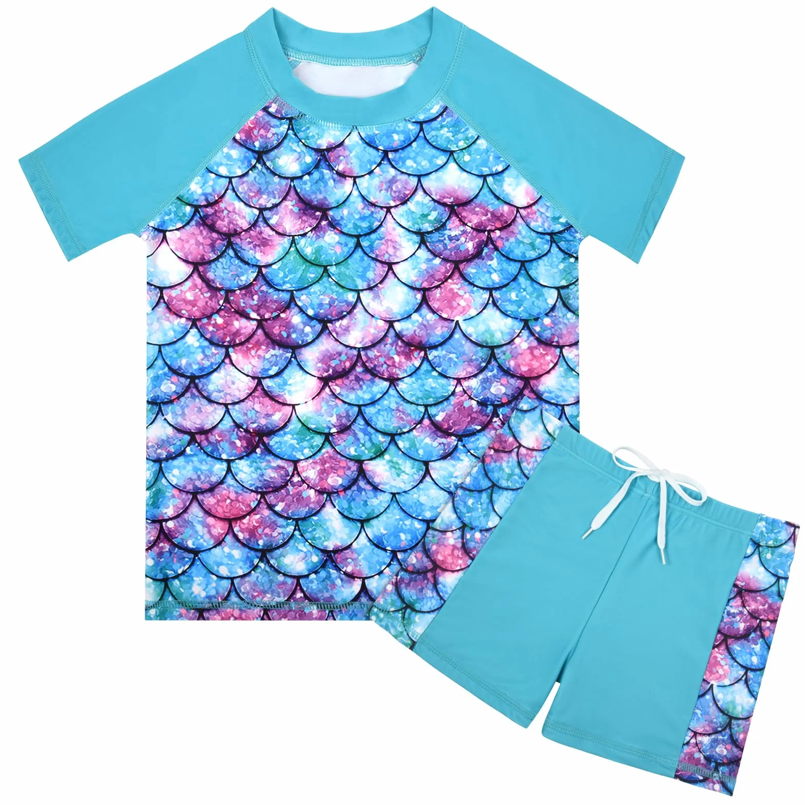 Ragazze Sunwear, 2 Pezzi Costume da Bagno Ragazze Sirena Manica CorteCostume con Maglietta e Pantaloncini, Anti- Rash Guard UV UPF 50+ per Bambina 5-10 Anni