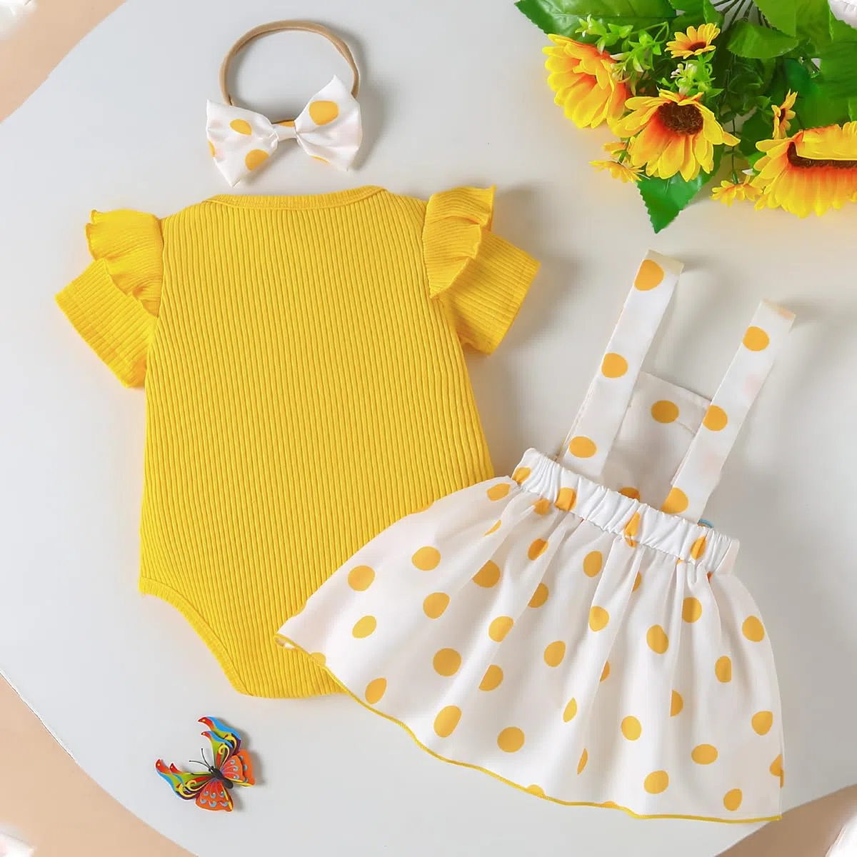 Set di Gonne Estive per Neonata Volant Manica Corta Top +Stampa Floreale/Orso Bretelle Abito+ Fascia per Capelli 3Pcs Vestiti Completino