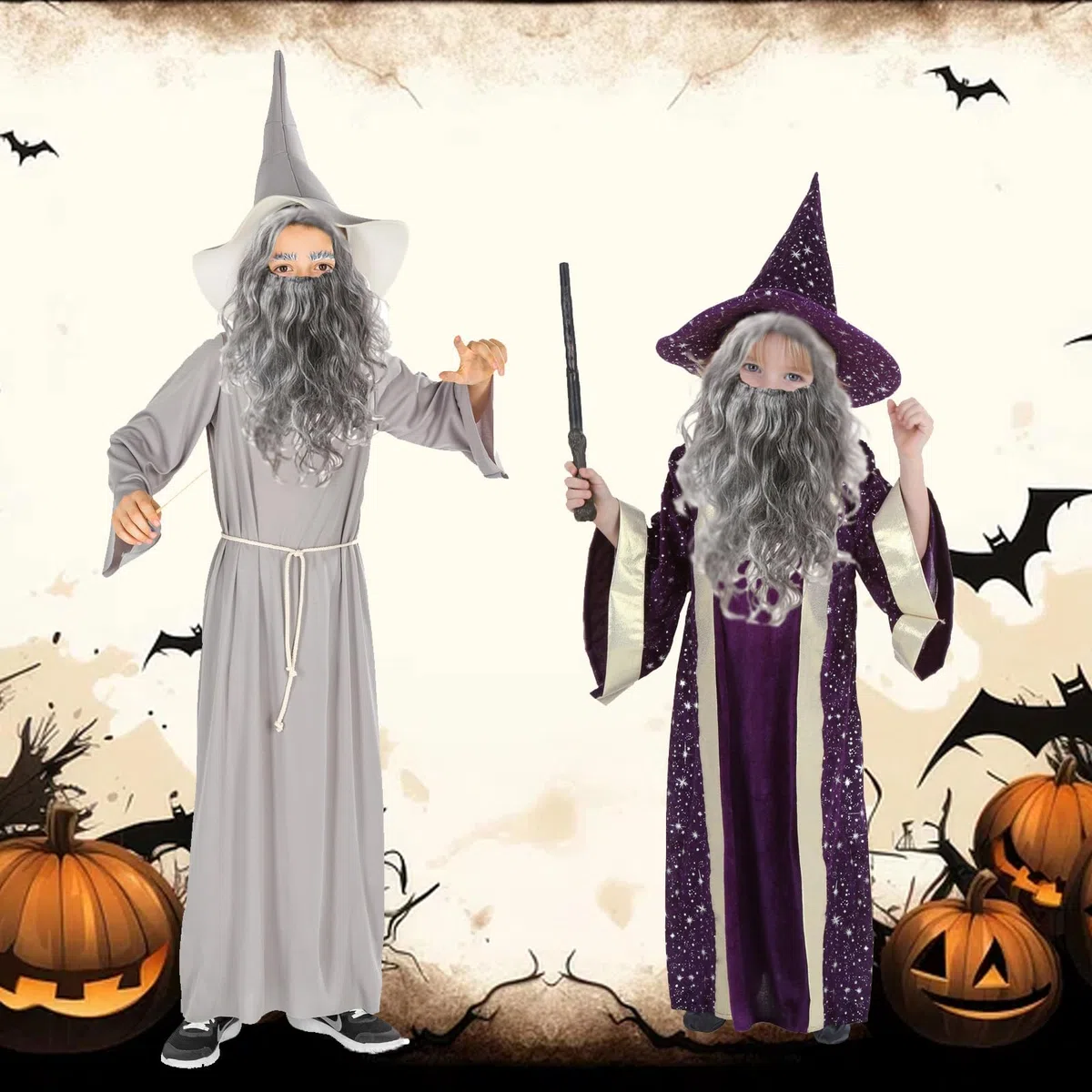 Parrucca da stregone grigia e barba lunga per Halloween e Carnaval parrucca maga grigio scuro set barba maghi