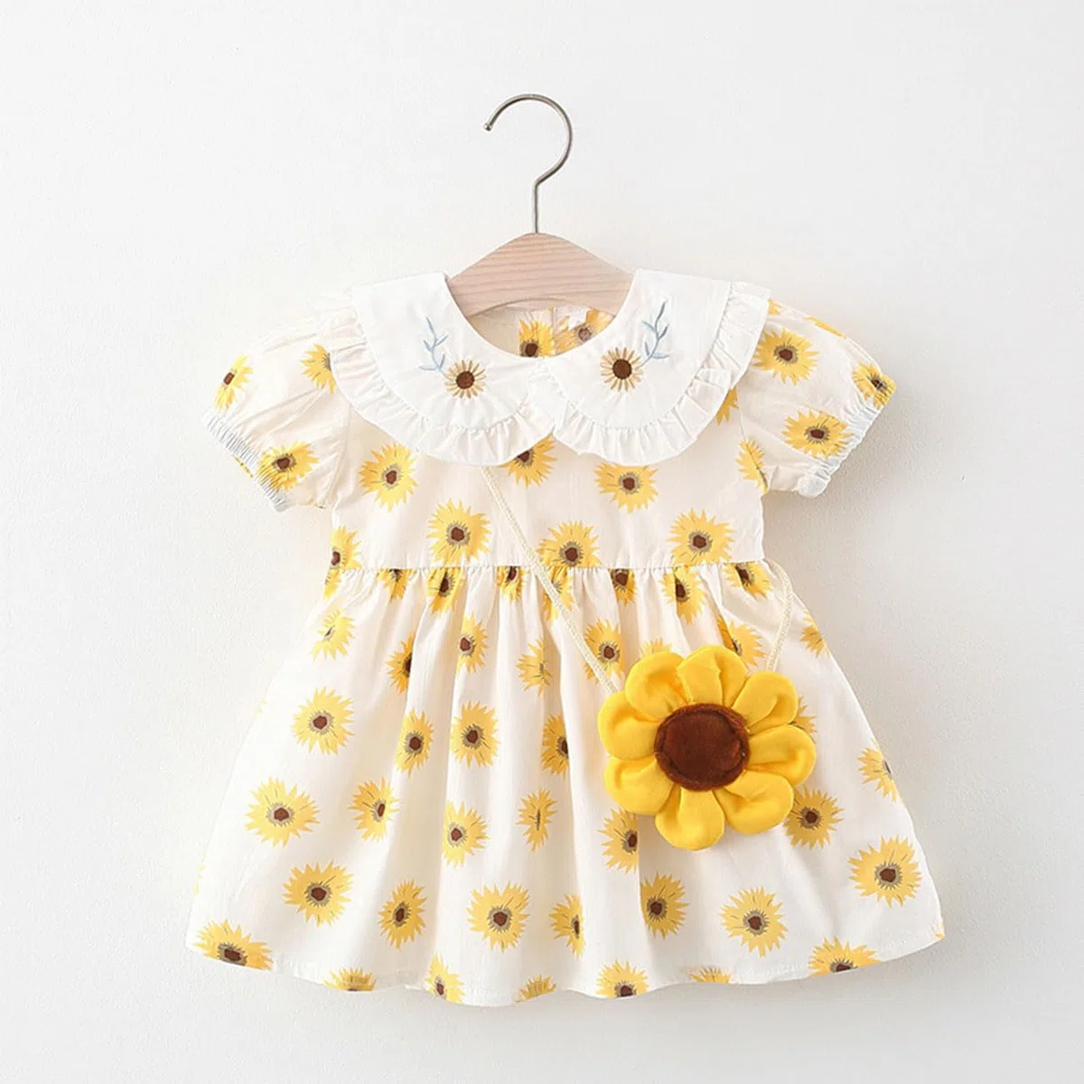 Abito Estivo da Principessa con Girasoli per Bambina, Abito a Trapezio con Maniche Corte, Bottoni e Stampa Floreale con Colletto a Barchetta + Borsa con Girasoli per 6 Mesi ai 5 Anni, Giallo