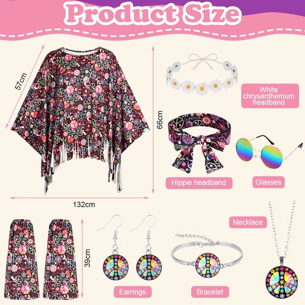 AOOWU Costume Hippie Donna, 10 Pezzi Stile Vintage Anni 60 Anni 70 Hippie Accessori, con Occhiali Fascia per Capelli Anni con Copristivali, Costume Carnevale Halloween