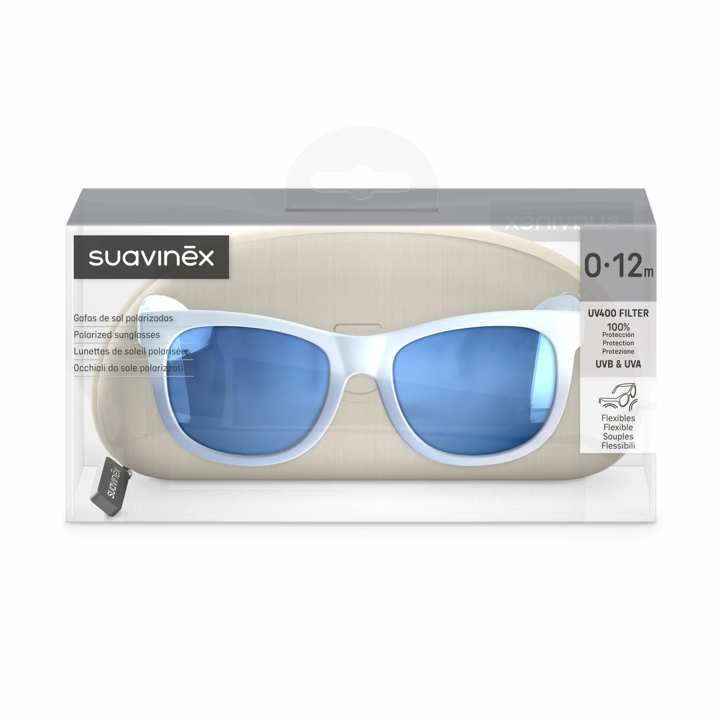Suavinex, Occhiali da sole neonati da 0 a 12 mesi, polarizzati, con filtro UV 400, Cat. 3 100% di protezione dai raggi UVA e UVB, custodia inclusa, flessibili, leggeri, forma quadrata, blu