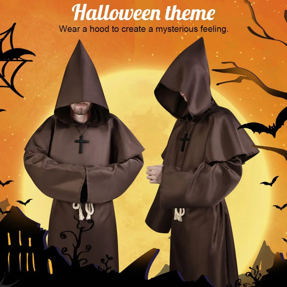 Aomig Costume da Monaco, Monaco Sacerdote Accappatoio Frate Medieval Rinascimentale, Cosplay Costume Robe Adulto Mantello, Abito da Mago Costume da Prete con Collana a Croce per Halloween Carnevale
