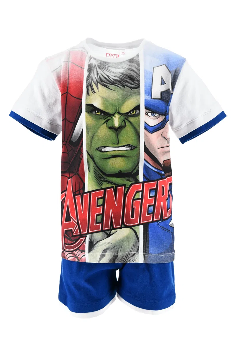 Marvel Avengers Pigiama Estivo 2 Pezzi per Bambini e Ragazzi, T-Shirt Bianca con Hulk, Spider-Man e Captain America, Shorts Blu