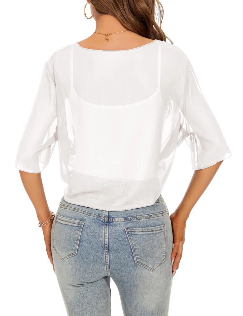 HANERDUN Coprispalle Donna Elegante Cerimonia Bolero Cardigan Chiffon Maniche Corte Giacca Corta Shrug con Chiusura a Cravatta Estivo Primavera Autunno