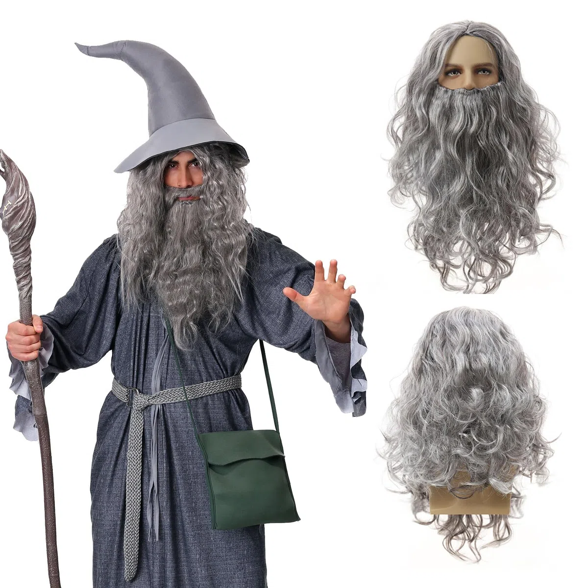 Parrucca da stregone grigia e barba lunga per Halloween e Carnaval parrucca maga grigio scuro set barba maghi