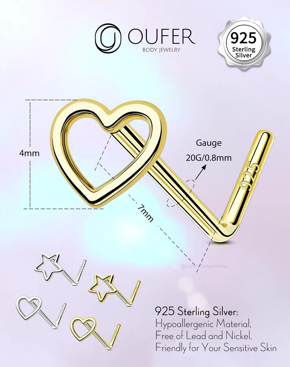 OUFER 20G Piercing Naso Nostril Argento 925 Piercing Naso Cuore 7 mm Oro Nose Pin Piercing Nasale L Piercing Naso Donna Anellino Anello Naso Nostril Nose Hoop