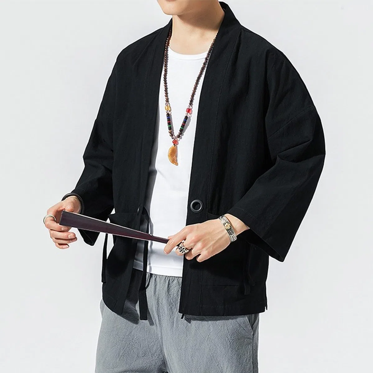 Generico Kimono cardigan giacca da uomo stile giapponese gru volante sette maniche cappotto aperto davanti