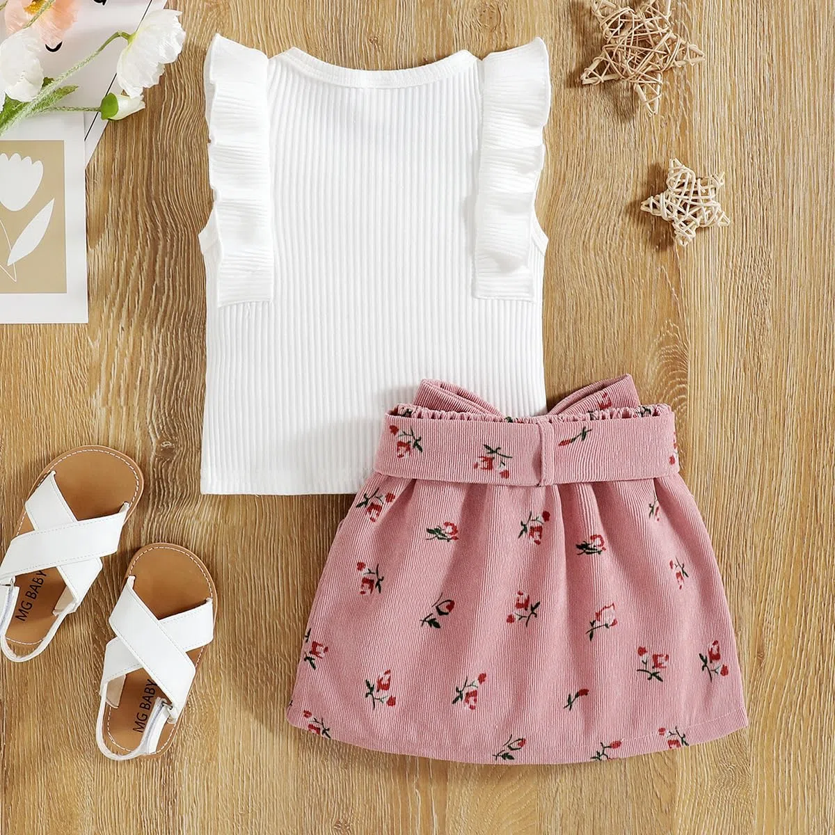 Abbigliamento Bambina Vestito Set Senza Maniche con Volant Top + Minigonna con Fiocco e Bottoni 2 Pezzi Ragazze Estate Vestiti Outfit