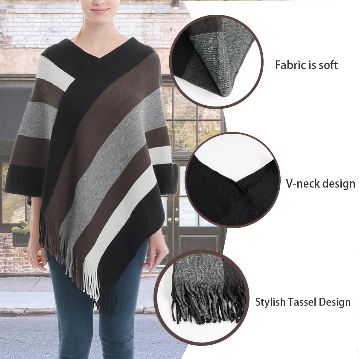 Rayson Poncho Donna Invernale Maglia Caldo Elegante con Frange Righe Scialle Mantella Donna Grande Cappotto Mantello senza Maniche
