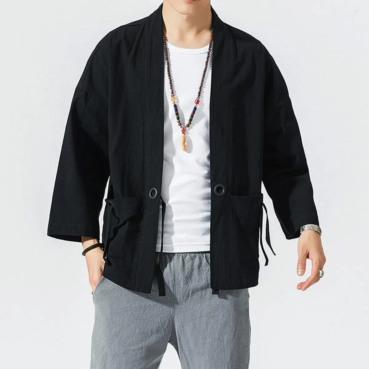 Generico Kimono cardigan giacca da uomo stile giapponese gru volante sette maniche cappotto aperto davanti