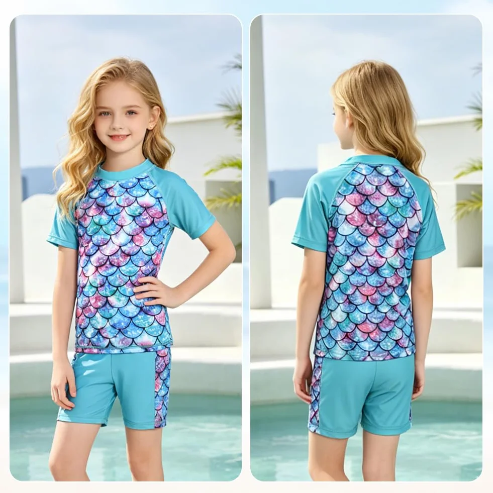 Ragazze Sunwear, 2 Pezzi Costume da Bagno Ragazze Sirena Manica CorteCostume con Maglietta e Pantaloncini, Anti- Rash Guard UV UPF 50+ per Bambina 5-10 Anni