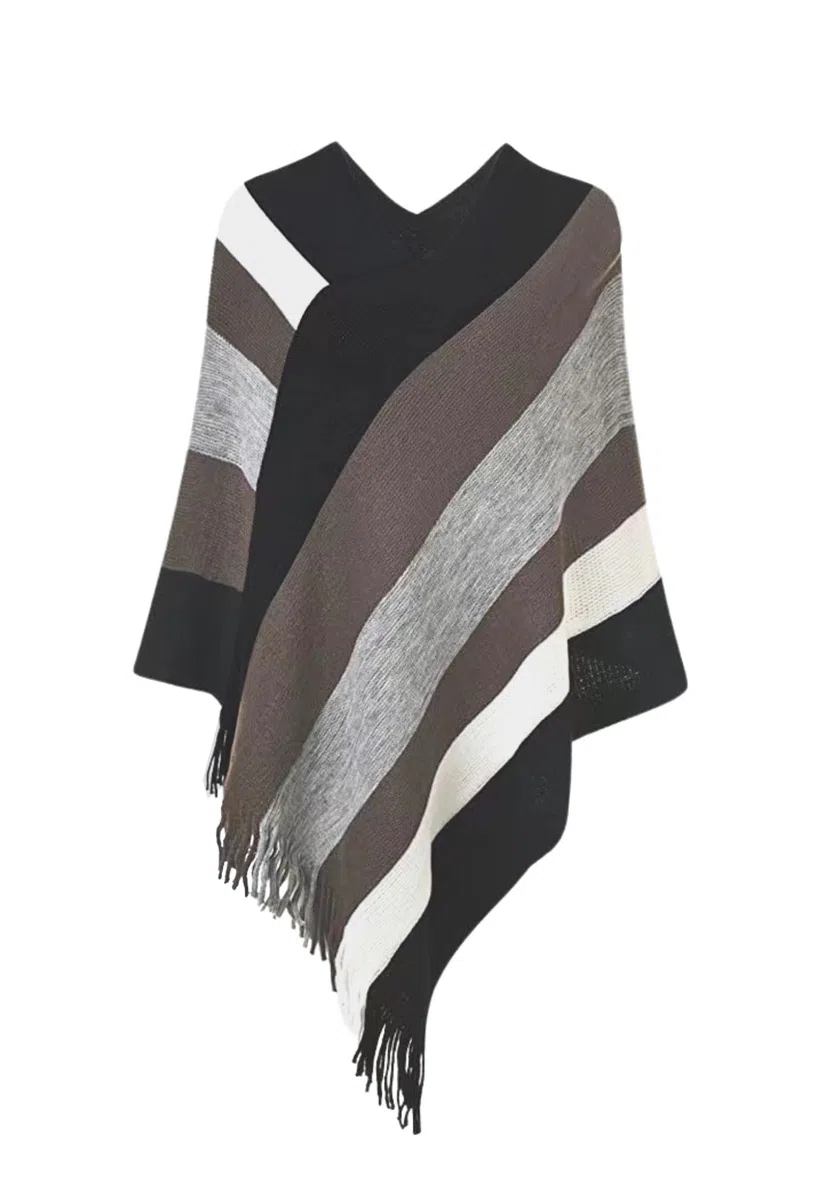 Rayson Poncho Donna Invernale Maglia Caldo Elegante con Frange Righe Scialle Mantella Donna Grande Cappotto Mantello senza Maniche