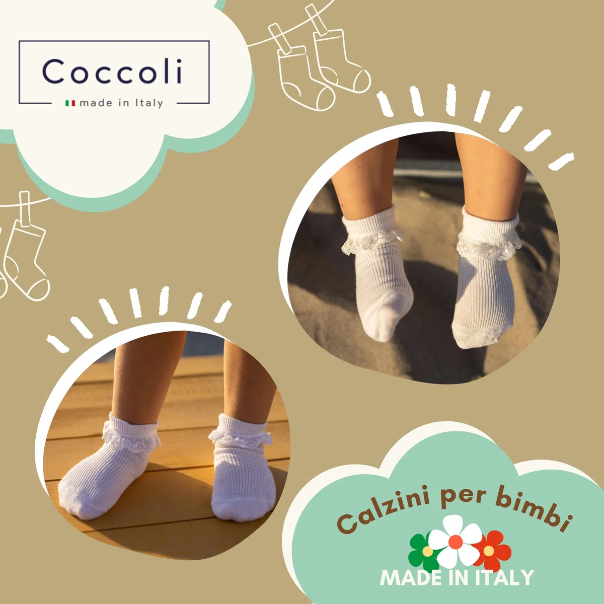Coccoli | 2 Paia di Calzini Neonato in Caldo Cotone con Risvolto e Pizzo, Made in Italy