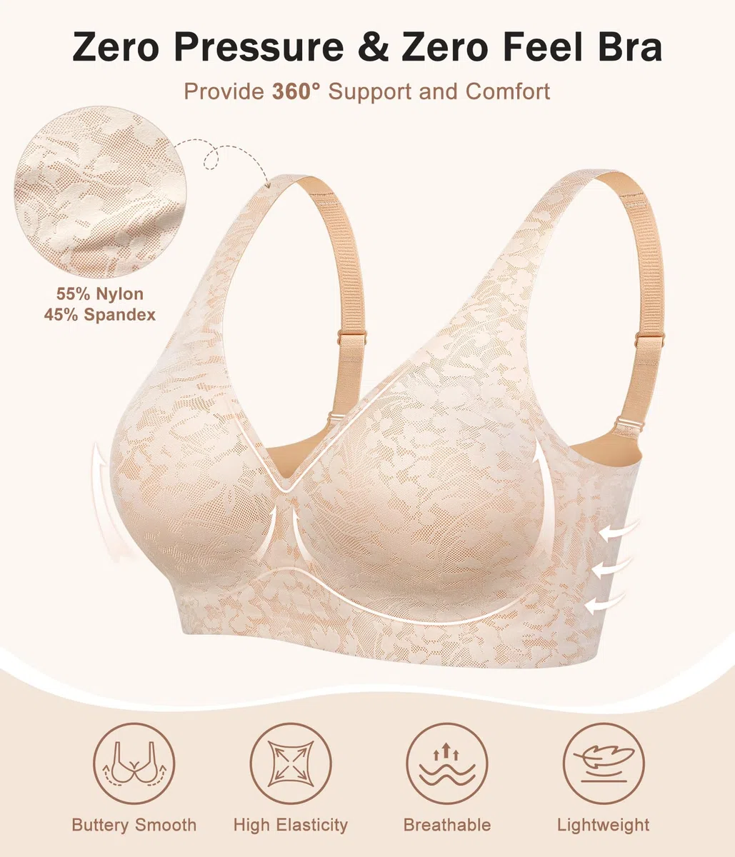 Push Up Reggiseno Senza Ferretto Donna Spalline Regolabili Morbido Imbottito Floreale Pizzo Brassiere Plunge Comodo Bralette per Quotidiano