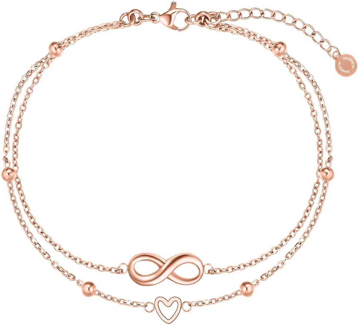 day.berlin cavigliera Alia da donna placcata oro 18k, doppio filo con cuore e simbolo dell'infinito, 22+5cm regolabile, acciaio inox 316L, senza nichel e resistente all'acqua