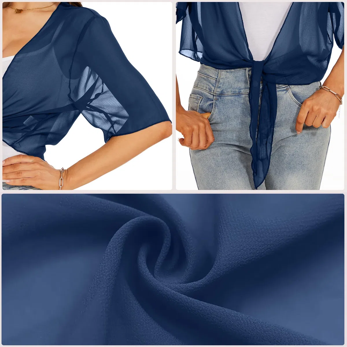 HANERDUN Coprispalle Donna Elegante Cerimonia Bolero Cardigan Chiffon Maniche Corte Giacca Corta Shrug con Chiusura a Cravatta Estivo Primavera Autunno
