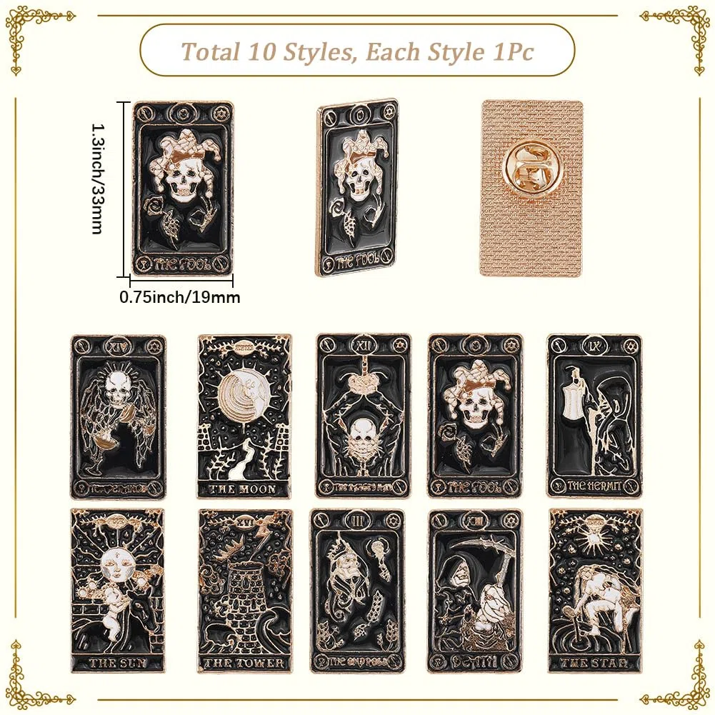SUNNYCLUE 1 Scatola 11 Stili Spille TarocCHIS Spille Magiche Smaltate Nero Occulto Risvolto Lega Mistica Teschio Fantasma Sole Stella Luna Spille Gotiche per Donne Zaini Modello Uomo Cappelli Borse Re