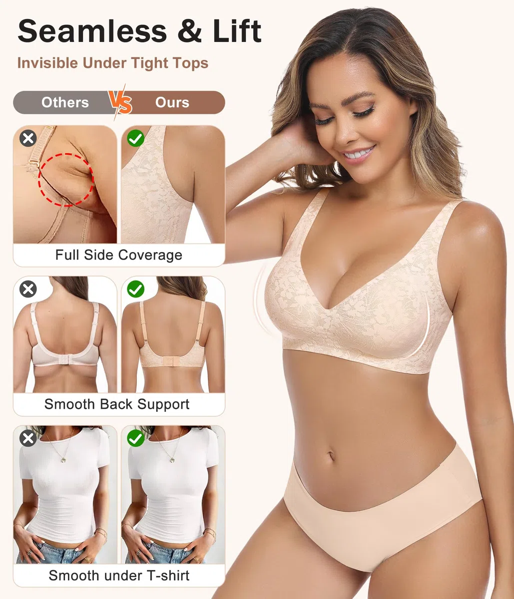 Push Up Reggiseno Senza Ferretto Donna Spalline Regolabili Morbido Imbottito Floreale Pizzo Brassiere Plunge Comodo Bralette per Quotidiano